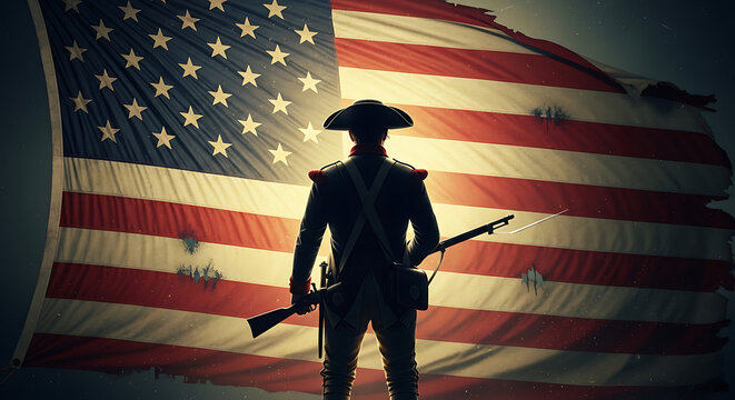 Silhouette of a Revolutionary War soldier holding a musket against a tattered American flag.