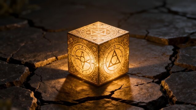 Illuminated ornate cube on cracked ground