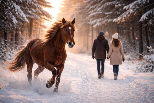 Horse running toward camera in foreground while couple walks away into distance through snowy forest in background, creating dynamic winter outdoor scene with strong depth and perspective