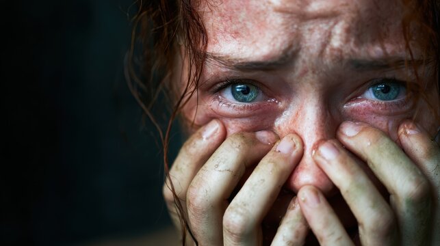 A distressed young woman covers her face with her hands, tears in her eyes, depicting her intense emotions and vulnerability in a moment of fear and confusion.