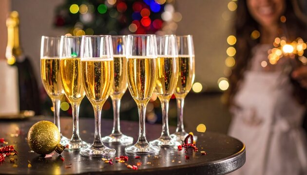 Eight champagne glasses on table with holiday lights in background; festive ambiance evident