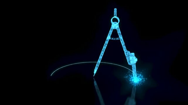 A digital compass drawing perfect circle creating with glowing blue particles on black background motion footage.