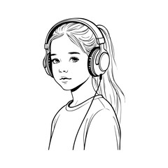 Dibujo con líneas de una chica joven con auriculares para disfrutar de la música, con la cabeza girada y mirando al frente  © teracreonte