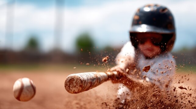 A young player in action swings at a baseball pitch in a lively game, capturing the excitement and energy of youth sports amidst a backdrop of dusty earth and cheering crowds.