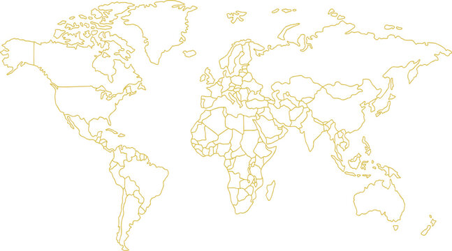 Golden World Map Outline Vector, Global Continents Geography, International Business Travel
