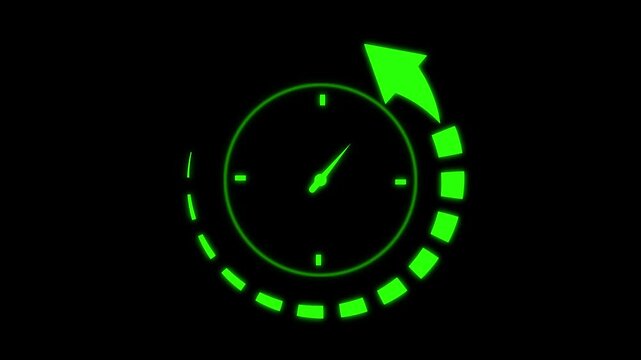 Speedometer icon animation with green circular gauge. Speedometer icon data monitoring. Speedometer icon interface graphic on black.