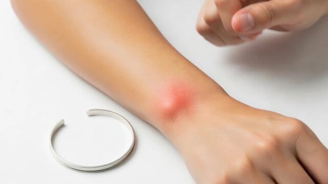 Person scratching red rash on arm with broken silver bracelet nearby