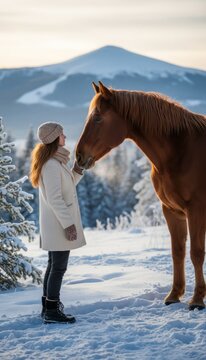 Woman in light clothing standing face to face with brown horse in winter setting, creating calm interaction between human and animal in snowy environment. Concept of trust, connection and harmony with