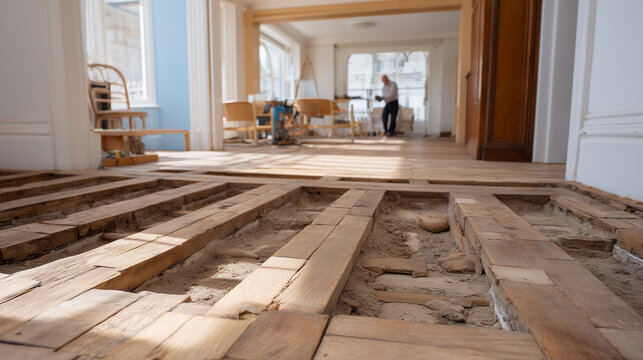 Renovation crew tears up a herringbone timber floor in a 1960s office block, crowbars and reciprocating saws exposing a network of buried conduit and sand-cement screed beneath while project manager