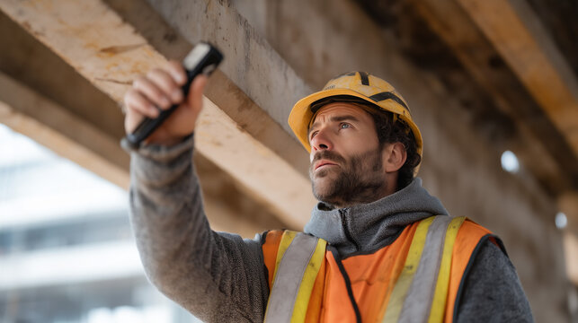 Safety officer conducts an unannounced inspection of an underground carpark construction zone, torchlight sweeping a formwork soffit while a surprised subcontractor foreman scrambles to locate the c