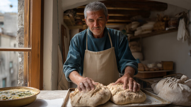 Baker transforming stale bread loaves into hand-shaped croutons on a sheet pan beside a steaming bowl of ribollita soup, a torn paper bag of day-old rolls on the counter, modest kitchen with chipped