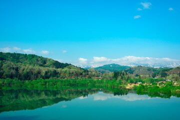 Obraz premium Panoramic view of the submerged forest in Lake Shirakawa with snow-capped mountains in the background, Yamagata.