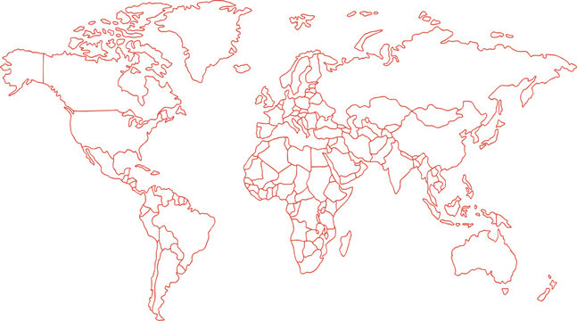 World Map Outline Vector, Global Continents Graphic, Red Country Borders, International Business Template