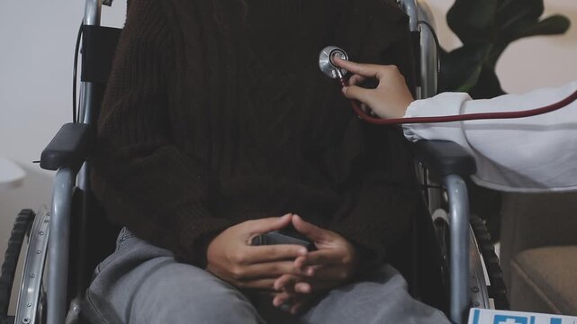 Doctor using a stethoscope checking patient with examining, presenting results symptom and recommend treatment method, Healthcare and medical concept