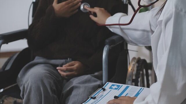Doctor using a stethoscope checking patient with examining, presenting results symptom and recommend treatment method, Healthcare and medical concept