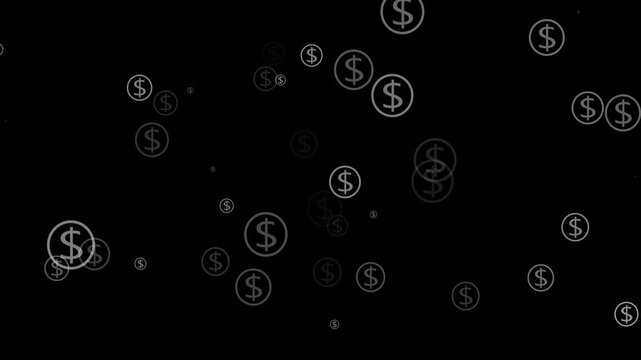 Dollar sign animation with floating gold icons. Dollar sign financial wealth concept. Dollar sign digital money graphic on black.