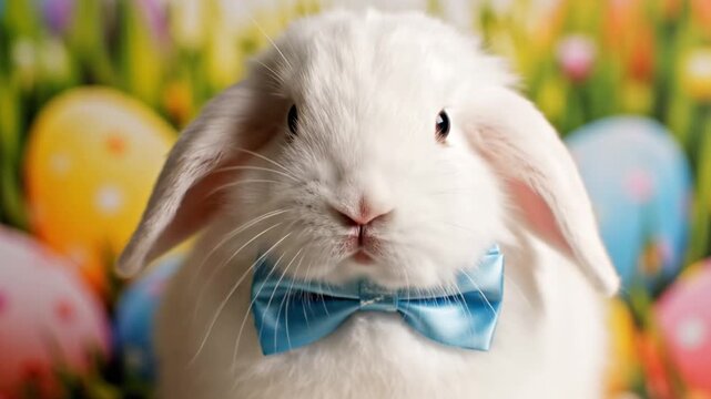 White rabbit with blue bow tie in front of colorful easter eggs