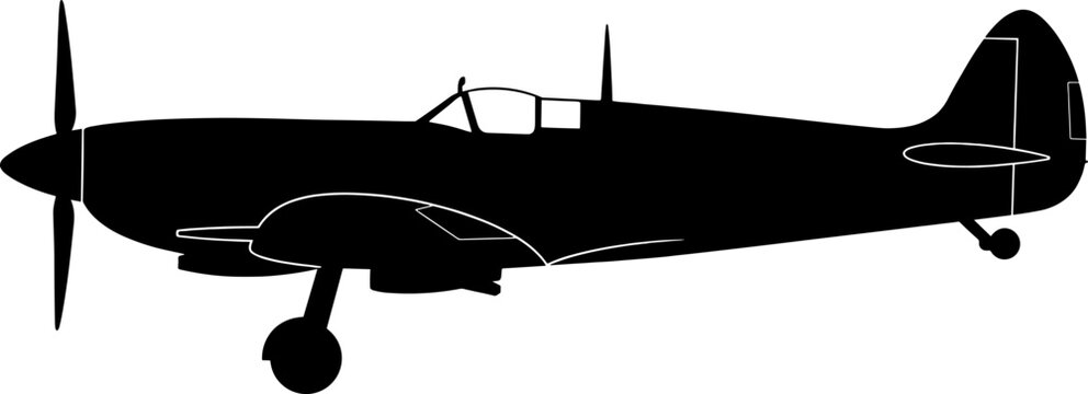 Vintage fighter aircraft silhouette with propeller and landing gear