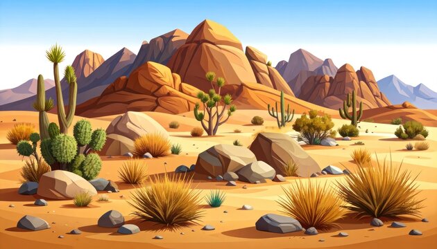 A vibrant desert landscape unfolds, showcasing geological formations and arid vegetation.