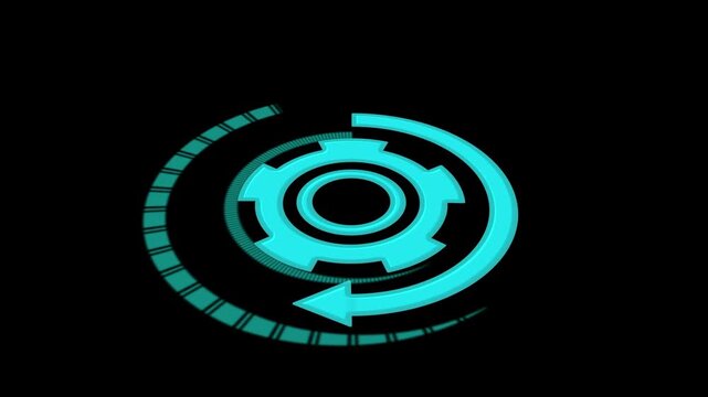Gear icon animation with turquoise motion arrow. Gear icon industrial process concept. Gear icon digital technology graphic on black.