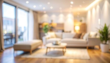 Fototapeta premium Blurred cozy living room with modern furniture, warm lighting, and large windows for natural light