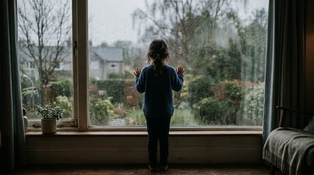 Back view of little girl looking at rain through window feeling lonely or bored at home