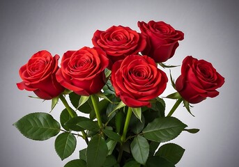 Naklejka premium Beautiful bouquet red day of six blooming red roses with green leaves on light grey background.