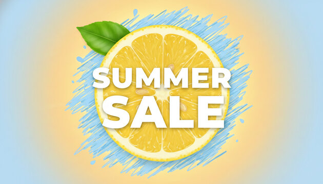 Slice of yellow lemon with green leaf and white text "SUMMER SALE" on blue scribbles and gradient background symbolizing refreshment and seasonal offer