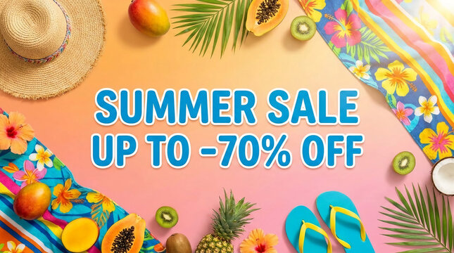 Summer sale promotion with tropical fruit, hat, and beach towel, symbolizing vacation and discounts, perfect for retail advertising and travel offers