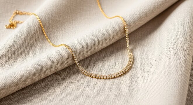 Gros plan d'un tissu en lin beige naturel aux plis d&eacute;licats, mettant en valeur un collier dor&eacute; &eacute;tincelant pos&eacute; avec &eacute;l&eacute;gance sur la trame, elegant, macro, craftsmanship