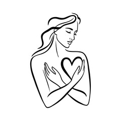 Logotipo con dibujo minimalista con líneas de mujer de pie con gran corazón y brazos cruzados, para tarjetas y felicitaciones de San Valentín © teracreonte