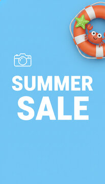 A cartoonish crab and starfish adorn a life preserver on a bright blue background with "SUMMER SALE" text, signifying a promotional event for the season.