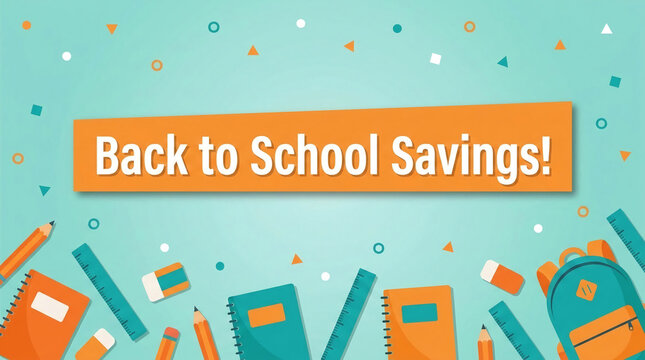Graphic illustration with school supplies like notebooks, pencils, and a backpack, promoting back to school savings with a bold text banner, concept of education and shopping