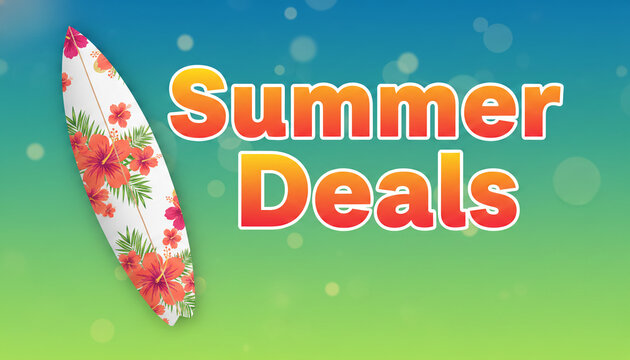 A floral surfboard on a blue-green gradient background with text "Summer Deals", symbolizing vacation, travel, and savings.