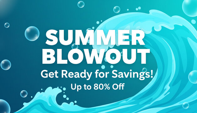 Summer sale banner featuring stylized waves and bubbles with text overlay announcing savings and discounts, representing a promotional event.