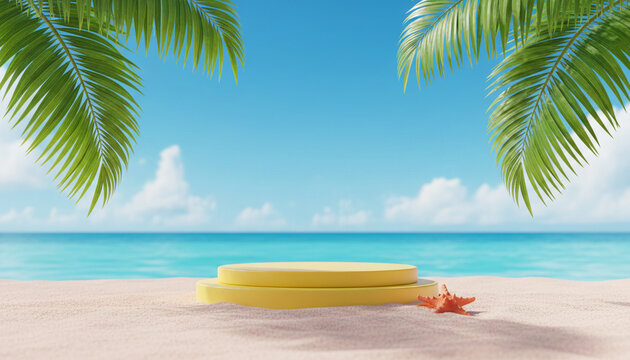 A yellow display podium on a sandy beach with palm leaves and a starfish, symbolizing tropical vacation, summer, and relaxation, offering free space for text.