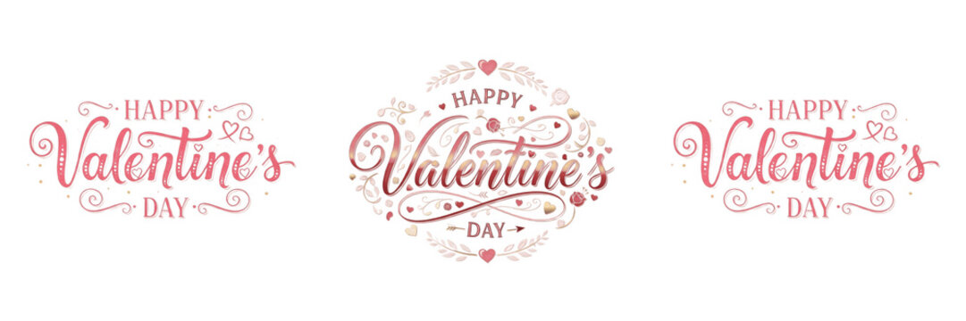Decorative Happy Valentine's Day Badge Greeting, Romantic Floral Love Celebration Emblem Isolated on Transparent Background PNG Digital Asset