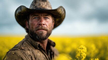 Obraz premium A determined farmer stands in a field filled with bright yellow flowers, showcasing a rugged appearance and conveying strength, resilience, and connection to the land and hard work.