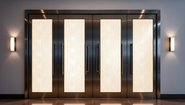 Modern building interior featuring a set of elevator doors with four vertical panels framed in metallic trim. Each panel has illuminated light‑colored center sections. Smooth neutral‑toned wall surrou