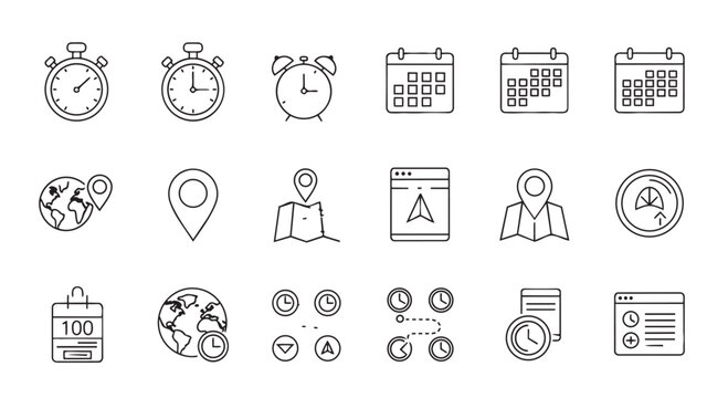 Doodle icons representing time location business concepts with alarm clock