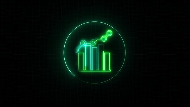 Neon green holographic analytics icon with bar chart and rising line graph inside a glowing circle on dark grid background, futuristic fintech dashboard concept.