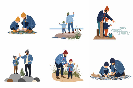 Vector illustration set of a father and son bonding outdoors, picking pebbles and skipping stones by the water in matching denim outfits.