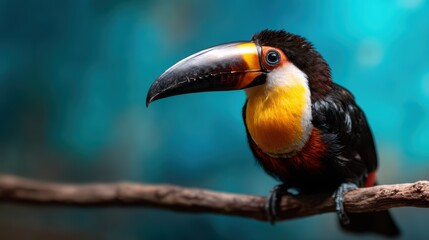 Naklejka premium A vibrant toucan with a stunning multicolored beak perches on a branch, showcasing its unique beauty and the rich diversity of wildlife in its natural tropical habitat.