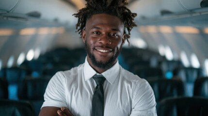 Obraz premium A cheerful man in a smart dress shirt and tie stands confidently in the cabin of an airplane, embodying professionalism and friendliness in the aviation industry.