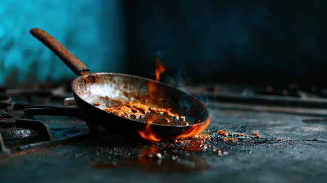 A neglected frying pan sits abandoned on a stove, flames and smoke billowing up, highlighting the danger of kitchen mishaps and the importance of cooking safety.