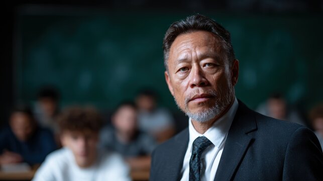 This powerful image depicts a resolute man in a suit, gazing intensely ahead, set against a classroom background filled with attentive students, embodying leadership and education.