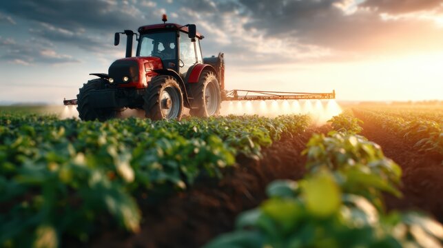 A powerful red tractor sprays pesticides across lush green crops under a dramatic sky, showcasing modern agricultural practices and the importance of farm maintenance.