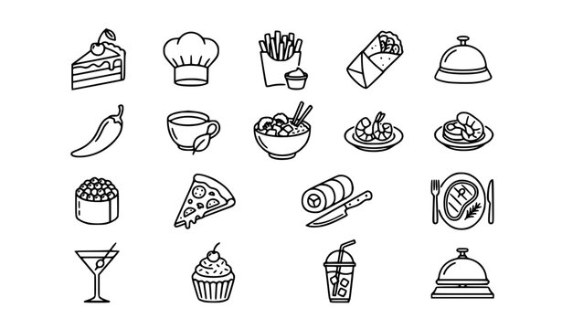 Food Line Icon Set Black and White Restaurant Menu Vector Collection