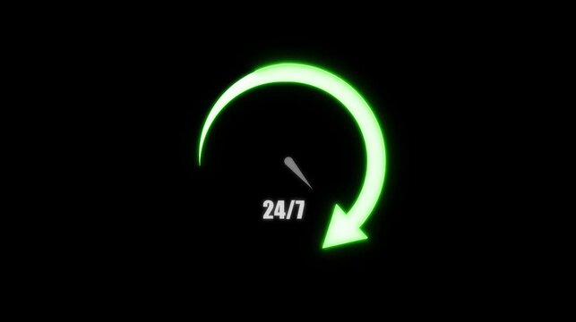 Service icon animation with neon clock arrow. Service icon round the clock support. Service icon business availability graphic.