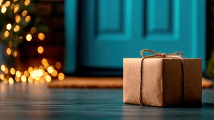 Naklejka premium A beautifully wrapped gift box rests on a welcoming doorstep, surrounded by warm holiday lights and the hint of a festive atmosphere, evoking feelings of joy and anticipation.
